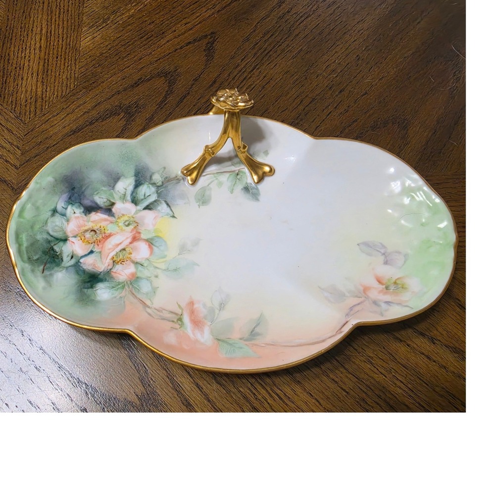 Limoges France WG & Co Wild Rose Porcelain Dish Gilded Flower Handle